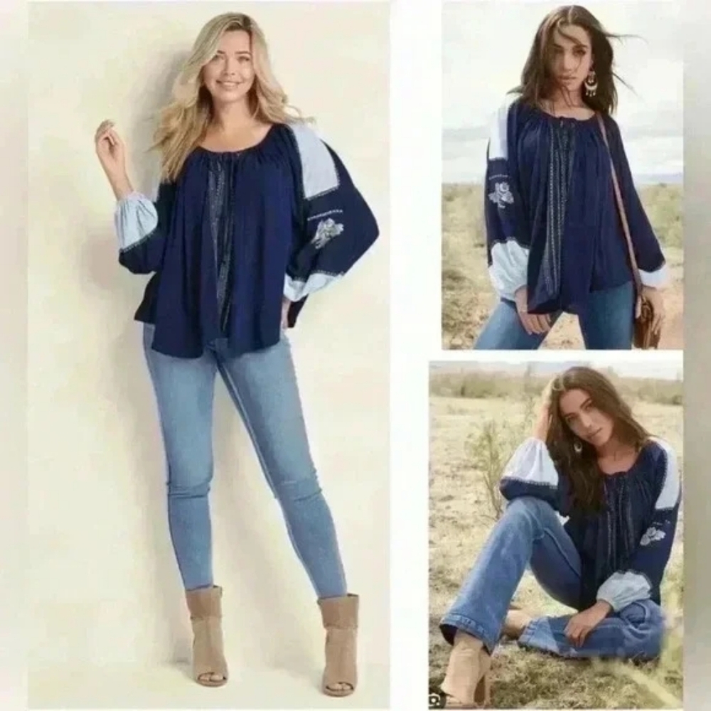 Venus Navy and Light Blue Embroidered Blouse